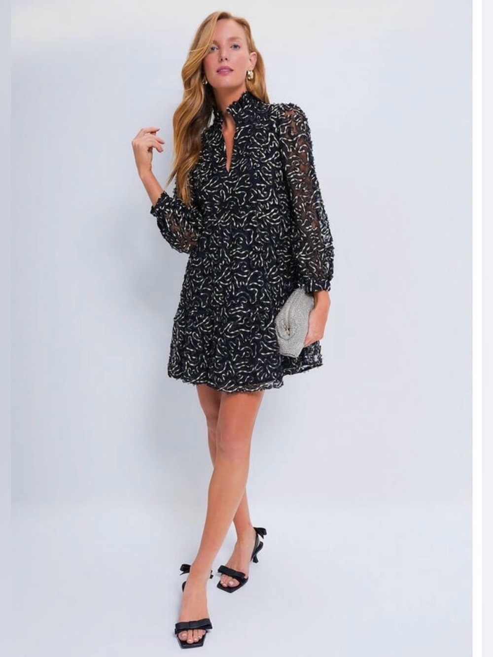 Black Printed Long-Sleeve Ruffle Mini Dress